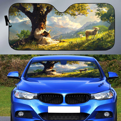 Teesdily | Jesus Reading Bible Book Sunshade Protector, Lamb Of God Auto Sun Shade, Christian Windshield Car Sunshade, Faith Religious Gifts