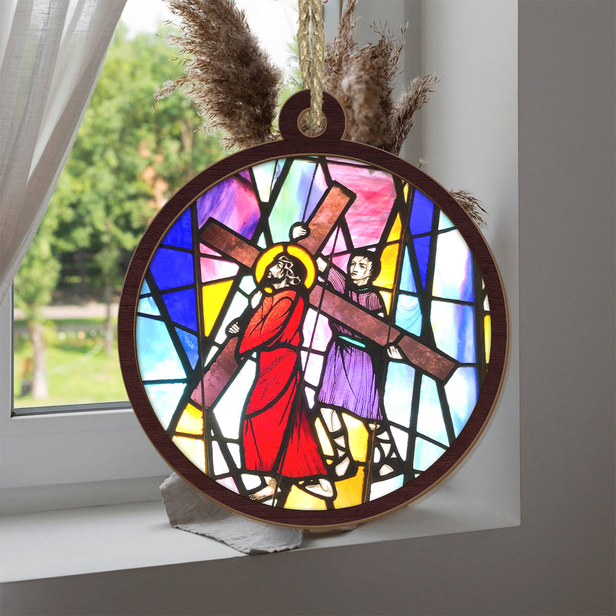 Teesdily | Simon Jesus Cross Suncatcher, Simon Helps Jesus To Carry His Cross Suncatcher, Jesus Lovers Gifts, Christian Christmas Gift, Xmas Decor