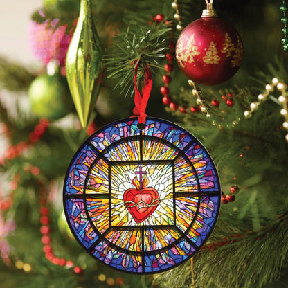 Teesdily | Jesus Sacred Heart Stained Glass Print Window Car Hanging Ornament Jesus Christ Acrylic Car Mirror Hanging Christmas Xmas Tree Decoration