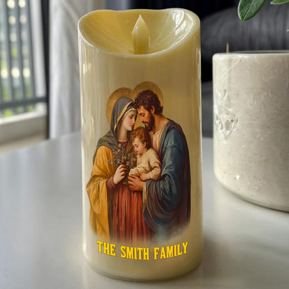 Teesdily | Personalized Holy Family LED Candle, Christmas Jesus Christ Our Lord LED Candle, Religious Home Decor Christmas Gift