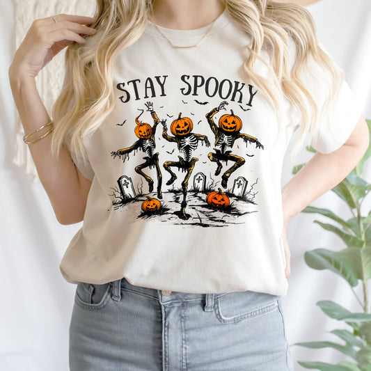 Teesdily | Halloween Skeleton Pumpkin Shirt, Stay Spooky Sweatshirt Hoodie Mug, Dancing Skeleton Pumpkin Face T-Shirt, Holiday Outfit, Halloween Gift