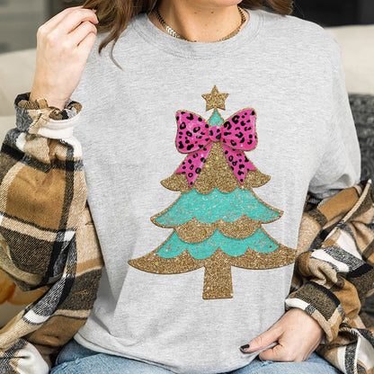 Teesdily | Christmas Tree Bow Shirt, Christmas Coquette Bow Glitter Leopard Sweatshirt, Christmas Hoodie Mug For Women