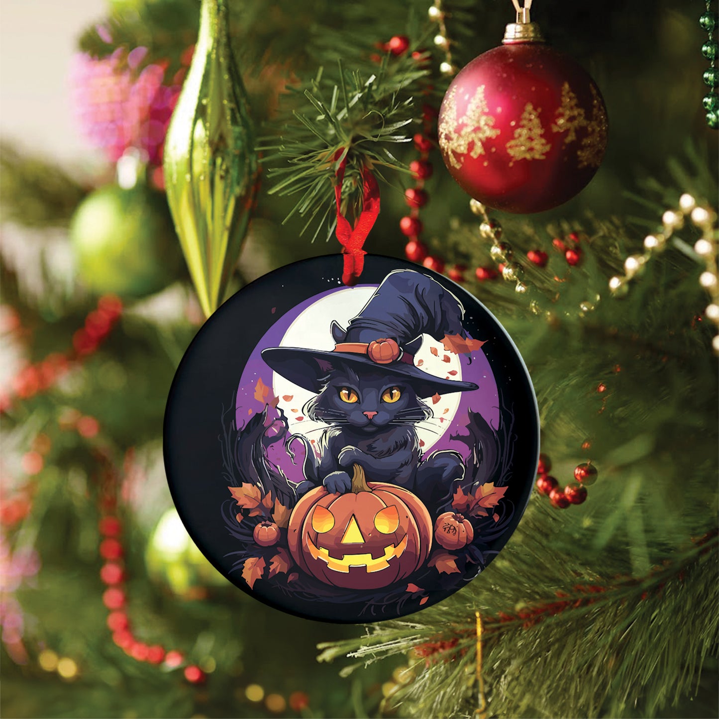 Teesdily | Black Cat Halloween Ceramic Ornament, Happy Halloween Spooky Kitten Circle Acrylic Ornament, Halloween Home Decor Gifts, Cat Lovers Gifts