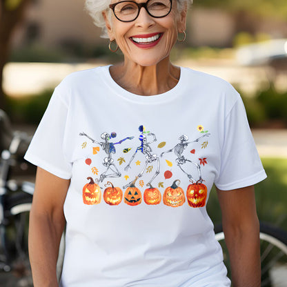 Teesdily | Halloween Dancing Skeleton Shirt, Skeleton Dancing Pumpkin Sweatshirt Hoodie Mug, Spooky Season Tee, Holiday Party Shirt, Halloween Gift