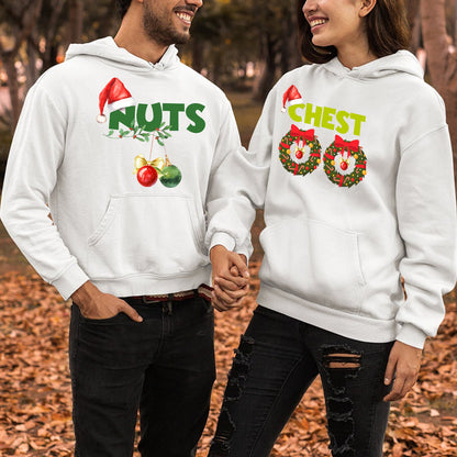 Teesdily | Chest Nuts Matching Christmas Shirt, Funny Couple Shirts, Christmas Couple Sweatshirt, Holiday Matching Family Gift