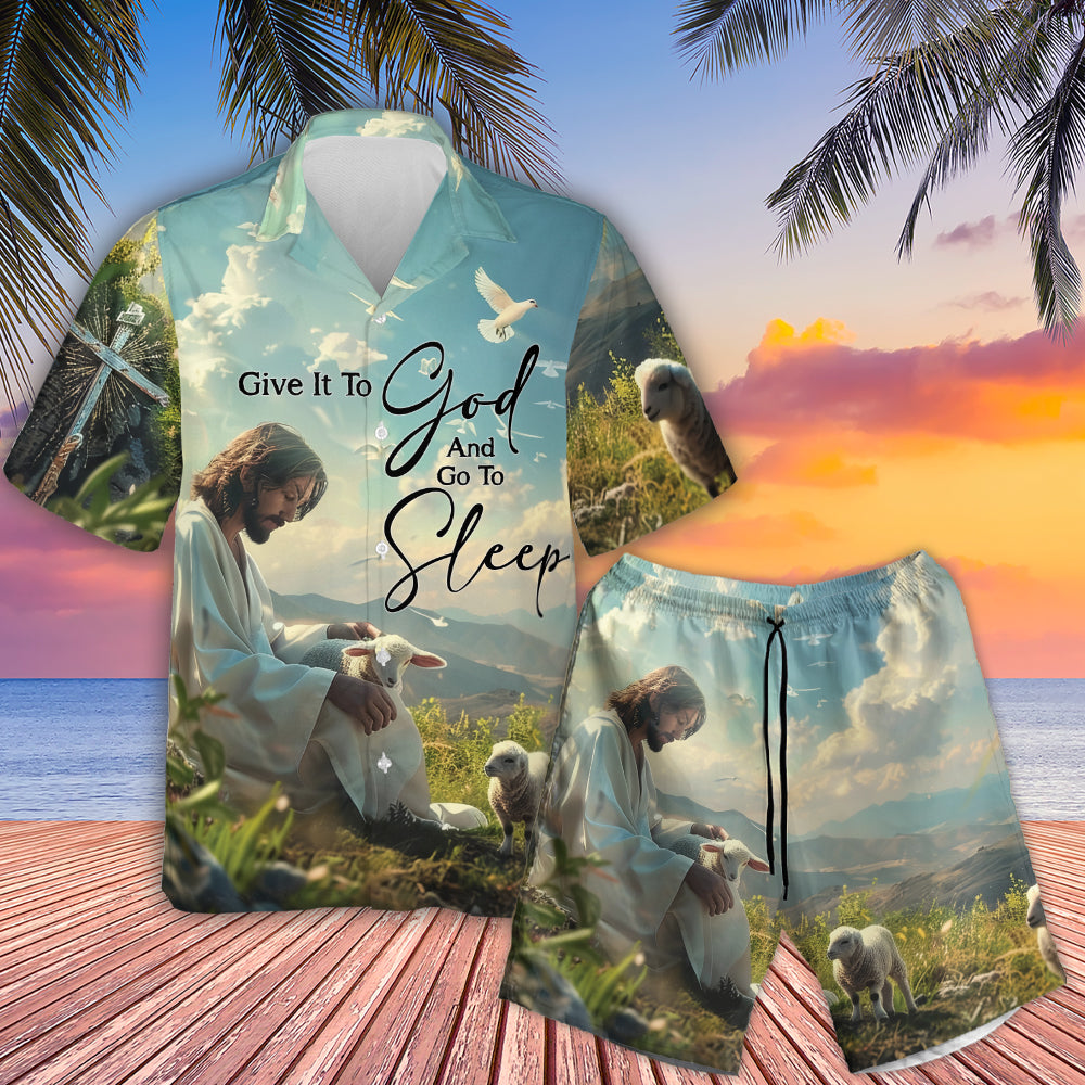 Teesdily | Jesus With Lambs Hawaiian Shirt, Give It To God And Go To Sleep Hawaii Set, Christian Art Bird Hawaii Outfit Summer, Beach Aloha Gift Men