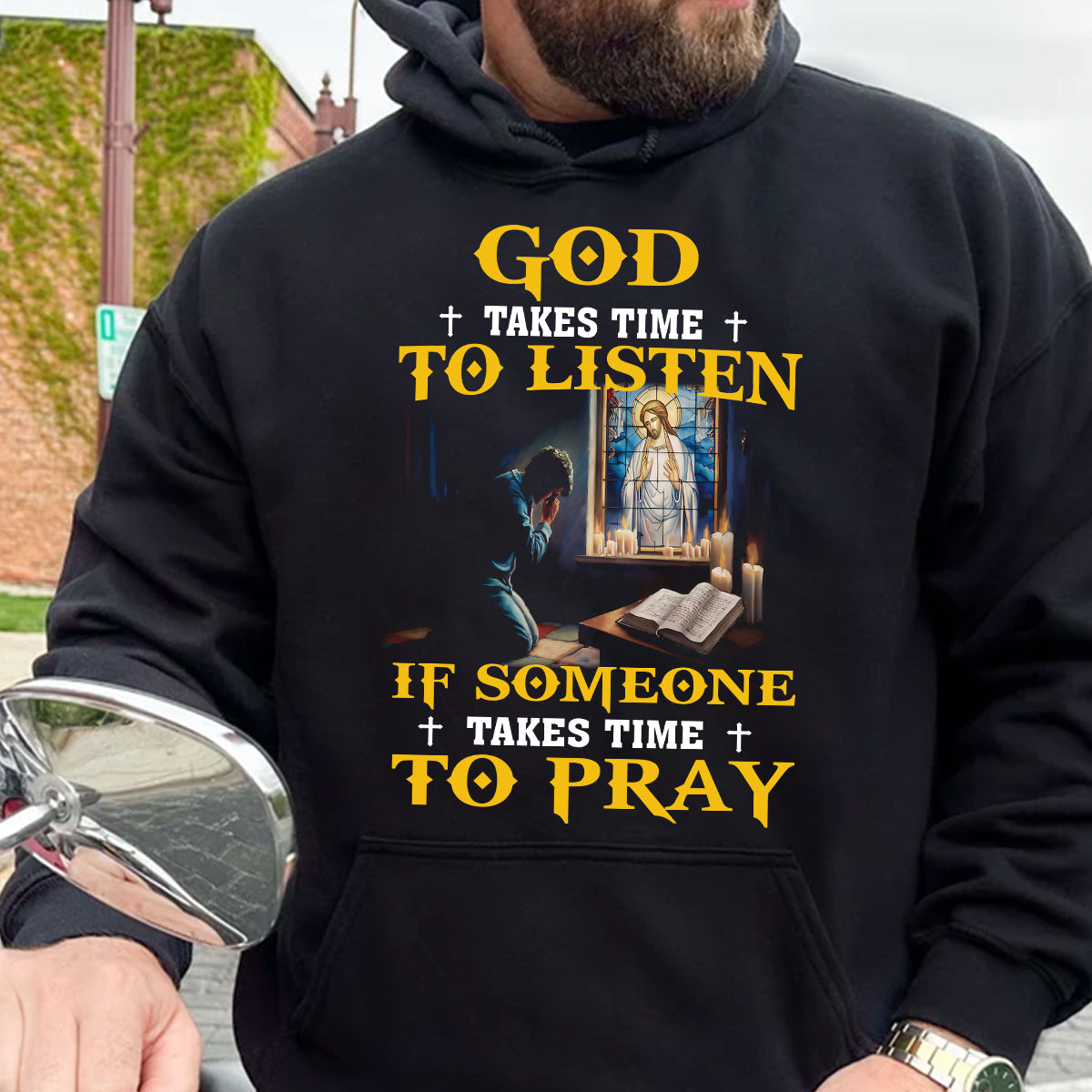 Teesdily | God Takes Time To Listen If Someone Takes Time To Pray Shirt Christian Gift Unisex Tshirt Hoodie Sweatshirt Mug