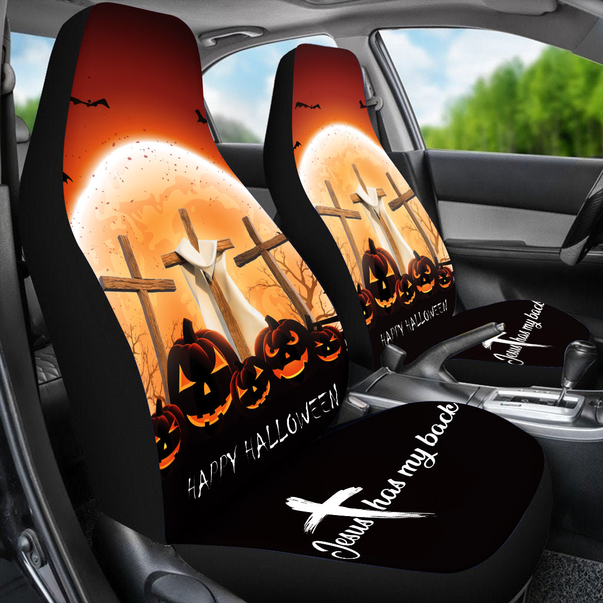 Teesdily | Jesus Has My Back Halloween Car Seat Cover, Happy Halloween Pumpkin Front Car Seat, Christ Cross Protection Seat Cover, Halloween Gift