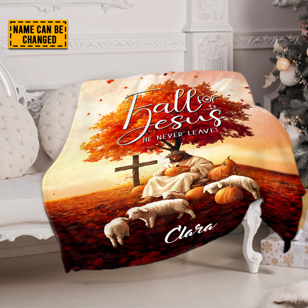 Teesdily | Customized Jesus Lamb Pumpkin Thanksgiving Blanket, Fall For Jesus He Never Leaves Throw Blanket, Jesus Lovers Gifts