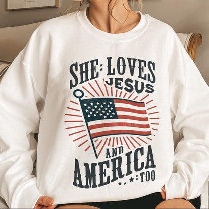 Teesdily | American Flag Tshirt, She Loves Jesus And America Too, Indepdence Day Sweatshirt Hoodie, Christian Gifts Mug