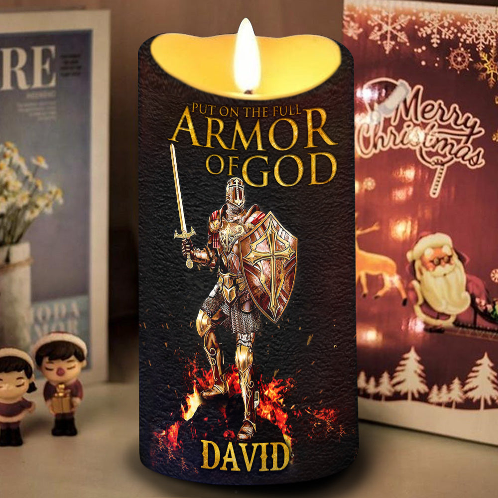 Teesdily | Customized Jesus Knight Templar Warrior LED Candle Without Battery, Put On The Full Armor Of God Prayer, Christmas Gift