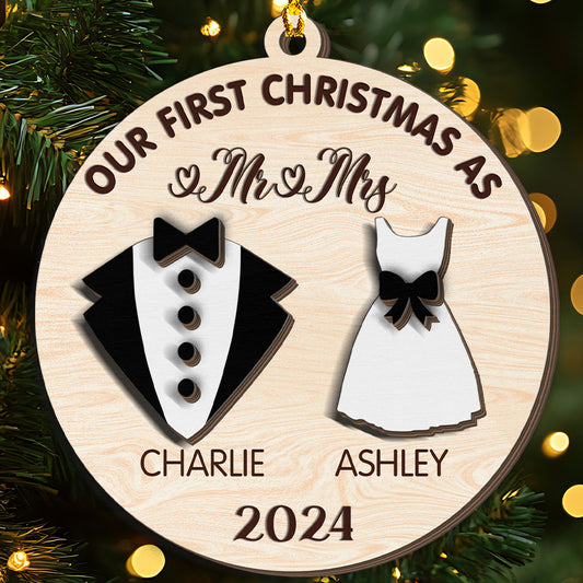 Teesdily | Customized First Christmas Wedding Mr Mrs 3-Layer Wooden Ornament, Newlywed Couple Ornament, Anniversary Christmas Gift