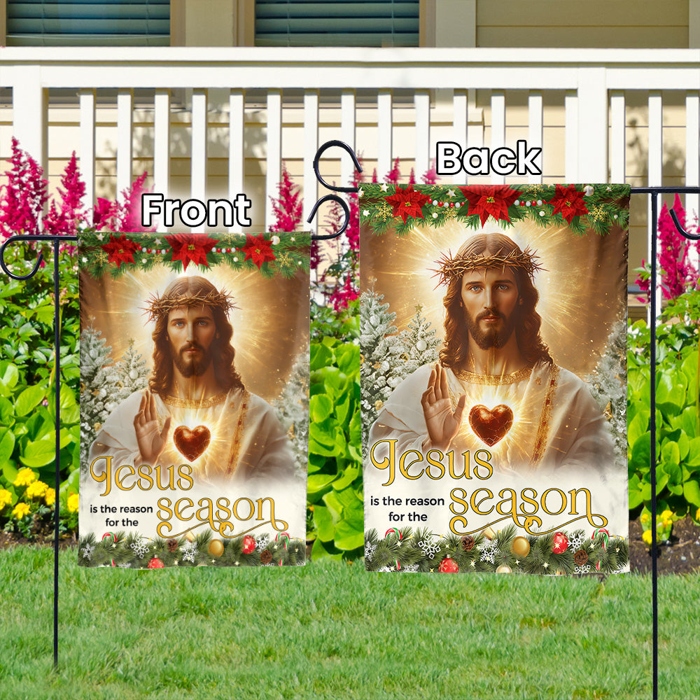 Teesdily | Jesus Christ Scared Heart Christmas Flag, Jesus Is The Reason For The Season House Flag, Xmas Tree Flag Decor Garden