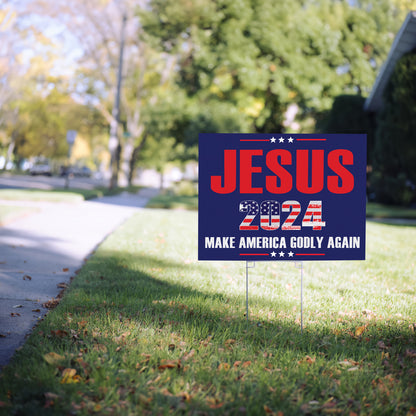 Teesdily | Jesus American Yard Sign, Jesus 2024 Make America Godly Again Lawn Sign, Patriotic Decor Outdoor Sign, Independence Yard Stake Sign Gifts