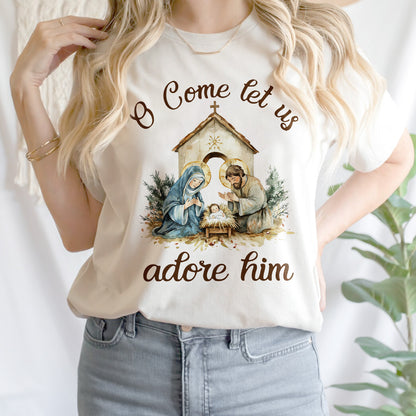 Teesdily | Nativity Scene Shirt, O Come Let Us Adore Him Shirt, Christmas Jesus Nativity Sweatshirt, Christian Birth Religious Hoodie Mug, Xmas Gift