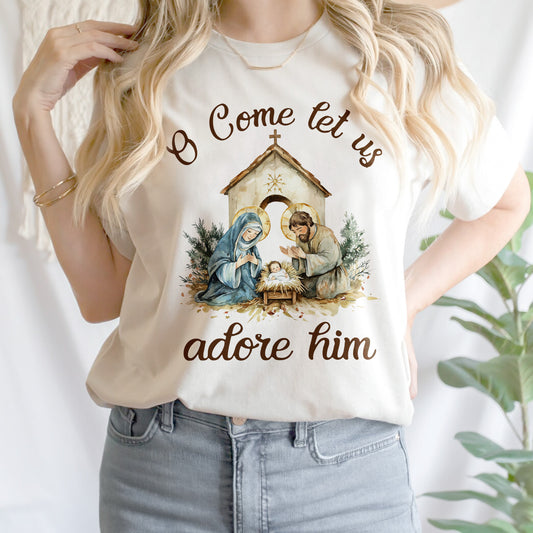 Teesdily | Nativity Scene Shirt, O Come Let Us Adore Him Shirt, Christmas Jesus Nativity Sweatshirt, Christian Birth Religious Hoodie Mug