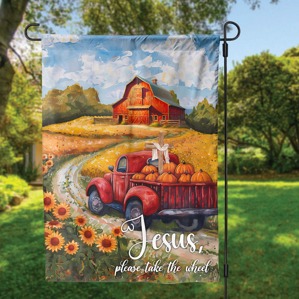 Teesdily | Jesus Take The Wheel House Flag, Jesus Christ Thanksgiving Garden Flag, Pumpkin Sunflower Autumn Flag, Farmhouse Seasonal Outdoor Decor