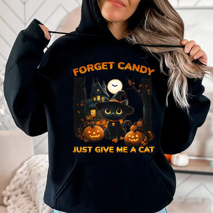 Teesdily | Halloween Cute Cat Shirt, Forget Candy Just Give Me A Cat Tee Sweatshirt Hoodie Mug, Halloween Cat Lovers Gifts, Cat Halloween Moon Shirt