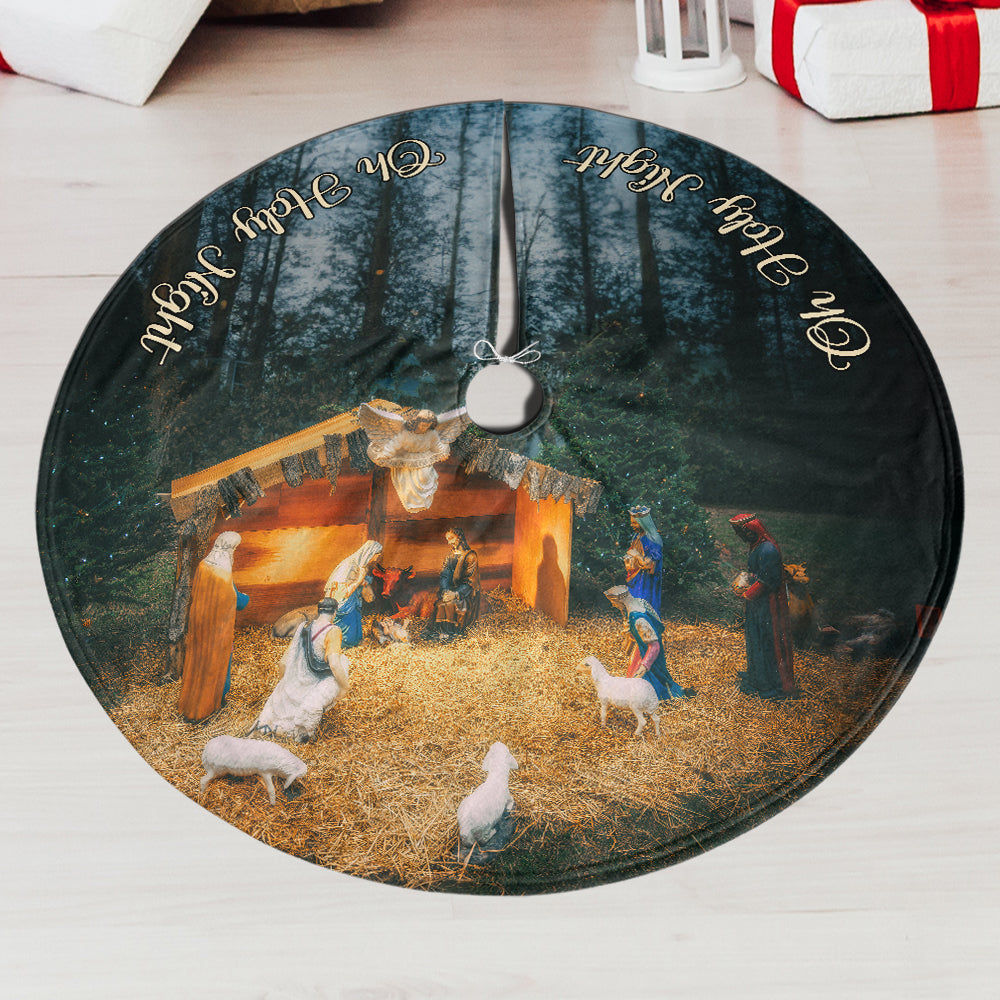 Teesdily | Jesus Nativity Scene Christmas Tree Skirt, Oh Holy Night Jesus Born Christmas Gift, Xmas Decoration, Jesus Lover Gift