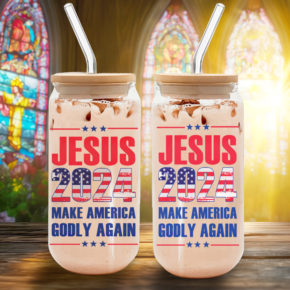 Teesdily | Jesus American Flag Glass Can, Jesus 2024 Make America Godly Again Coffee Cup, God Lovers Gifts, Frosted / Clear Glass Can With Straw