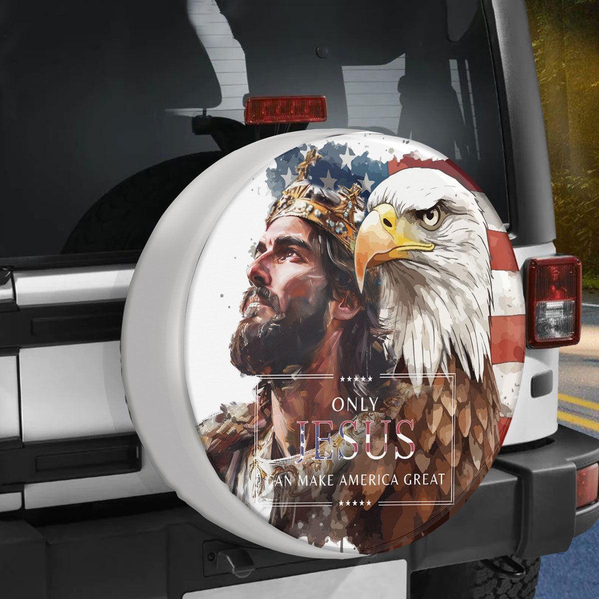 Teesdily | Jesus Eagle Spare Tire Cover, Jesus Christ Usa Flag Wheel Cover, Jesus Make America Great Wheel Cover, God Faith Spare Tire Cover 27"-34"