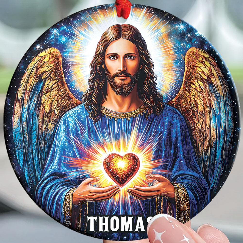 Teesdily | Personalized Jesus Angel Ornament Christmas, Jesus Christ Sacred Heart Ornament Decor, Christmas Ornament Gift