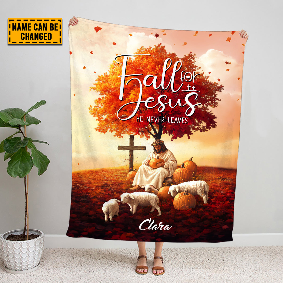 Teesdily | Customized Jesus Lamb Pumpkin Thanksgiving Blanket, Fall For Jesus He Never Leaves Throw Blanket, Jesus Lovers Gifts