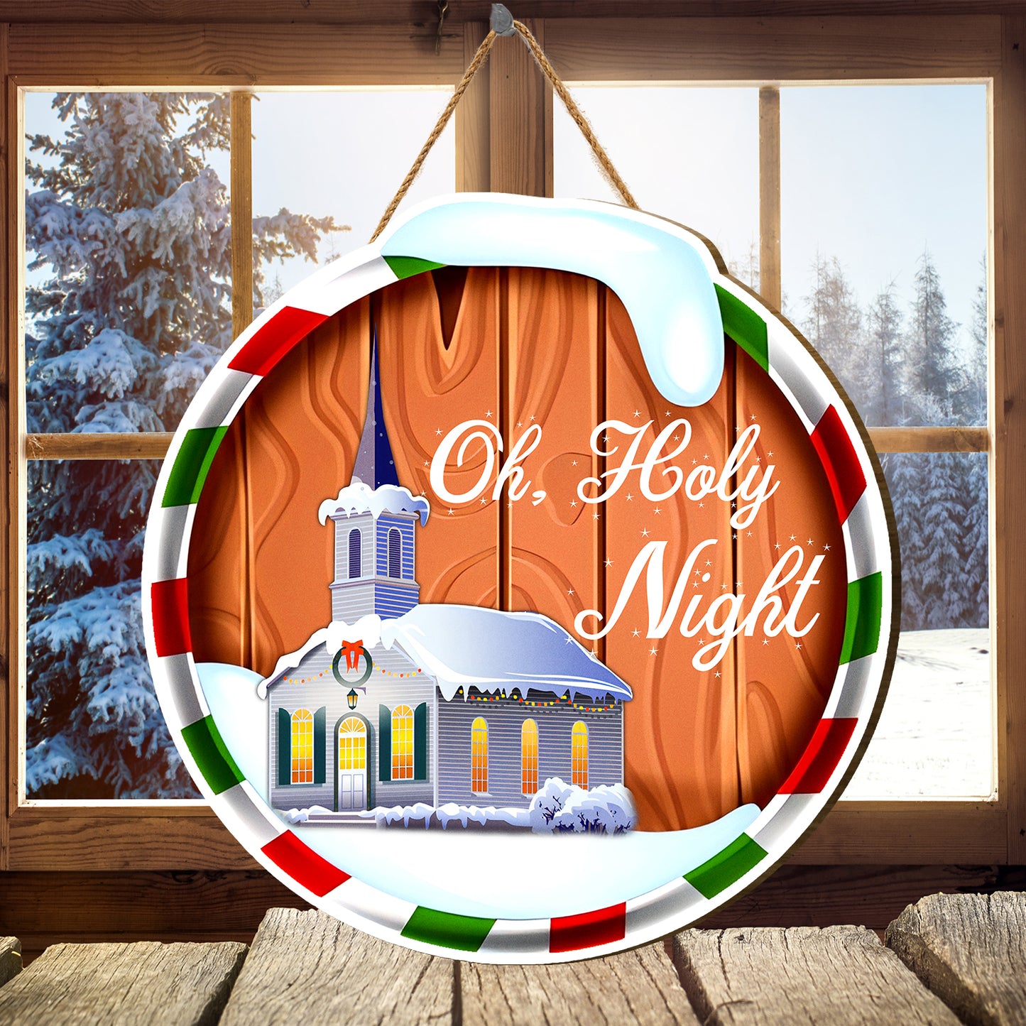 Teesdily | Merry Christmas Round Wood Sign, Holy Night Church Christmas Wooden Sign, Christian Door Decoration Christmas Gifts, Family Door Sign