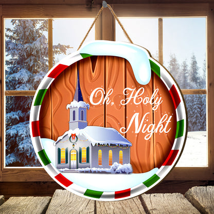 Teesdily | Merry Christmas Round Wood Sign, Holy Night Church Christmas Wooden Sign, Christian Door Decoration Christmas Gifts, Family Door Sign