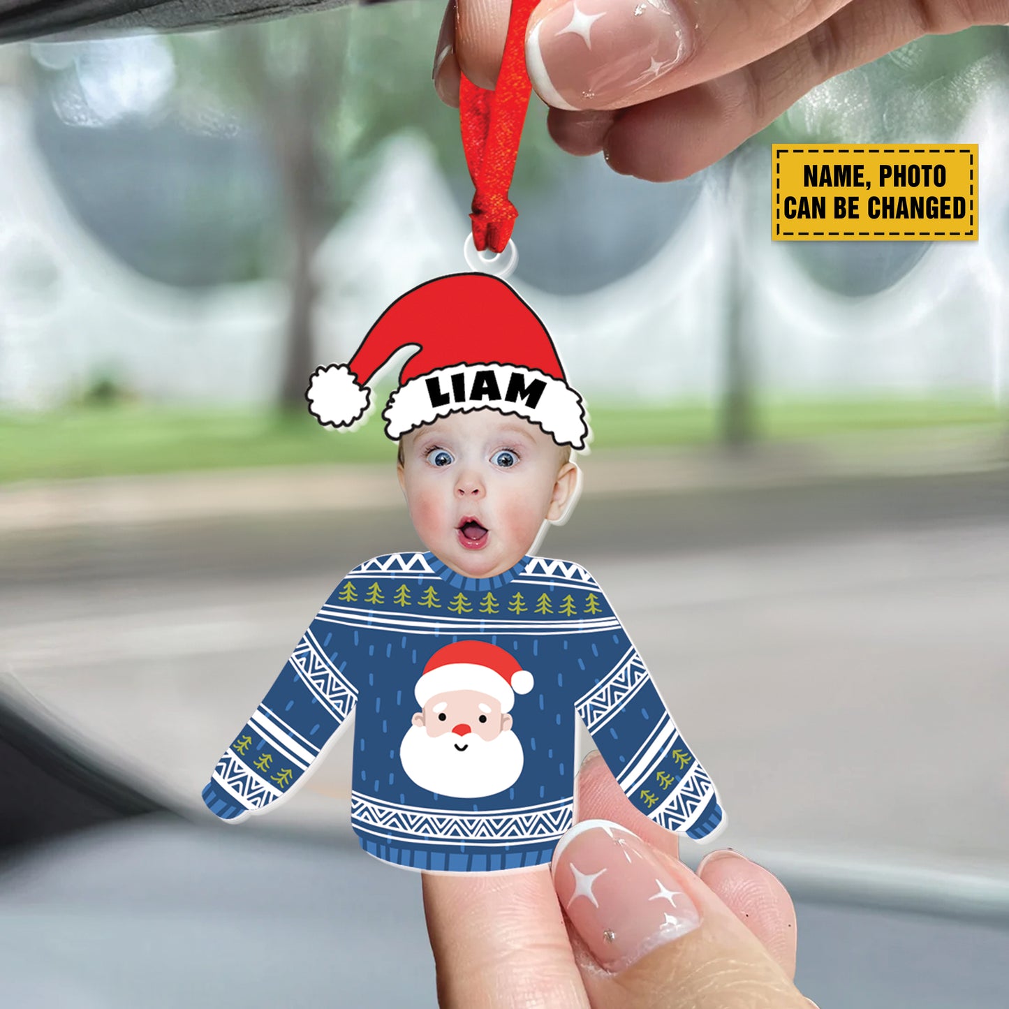 Teesdily | Customized Christmas Ugly Sweater Kid Ornament, Baby Photo Sweatshirt Ornament Christmas, Kid Hat Santa Christmas Gift