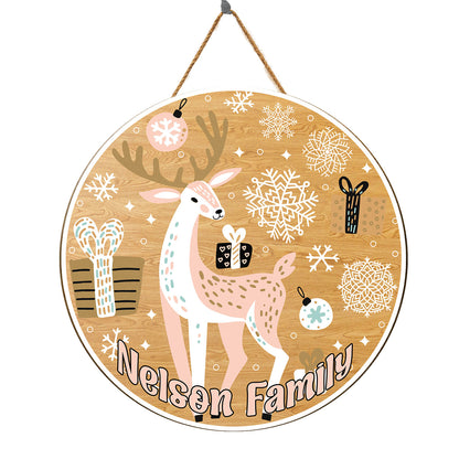 Teesdily | Customized Cute Merry Christmas Reindeer Round Wood Sign Xmas Pattern  Wood Sign Dorm Welcome Sign Christmas Decoration