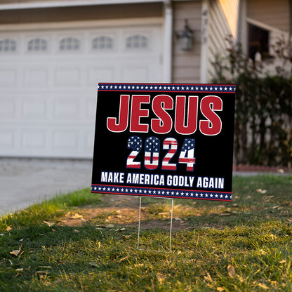 Teesdily | Jesus Make America Godly Again Yard Sign, Christ 2024 Garden Outdoor Sign, American Flag Patriot Lawn Sign, Yard Decor Independence Gifts