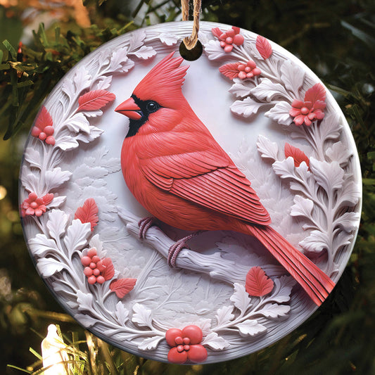 Teesdily | Christmas Cardinal Bird 2D Flat Ceramic Ornament, Couple Cardinal Bird Snowy Flower Christmas Gift, Xmas Ornament