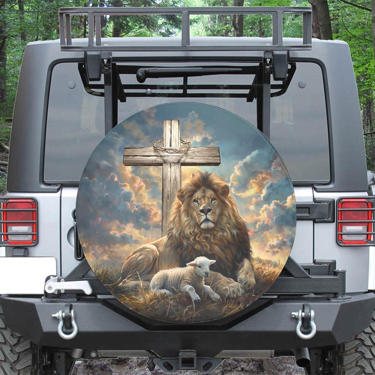 Teesdily | Lion And Lamb Spare Tire Cover, Lion Of Judah Lamb Of God Tire Wheel Cover, Christian Car Accessories, Jesus Christ Durable Tire Protector