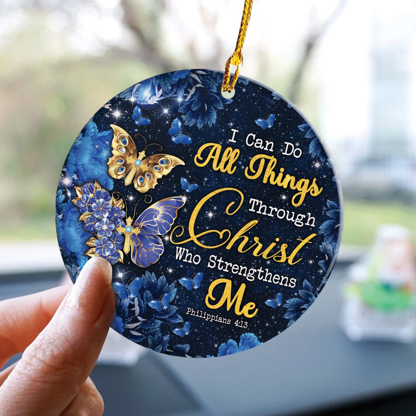 Teesdily | Jesus Butterfly Acrylic Ornament, I Can Do All Things Through Christ Ceramic Ornament, Christian Butterfly Lovers Gifts, Christmas Ornament