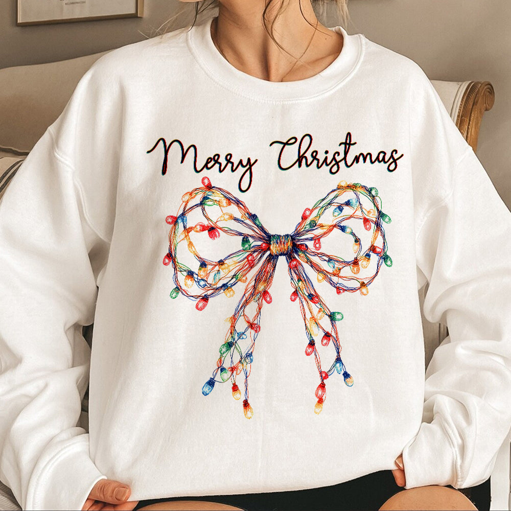 Teesdily | Merry Christmas Bow Light Shirt, Christmas Coquette Bow Sweatshirt, Merry And Bright Lights Bow Hoodie Mug For Women