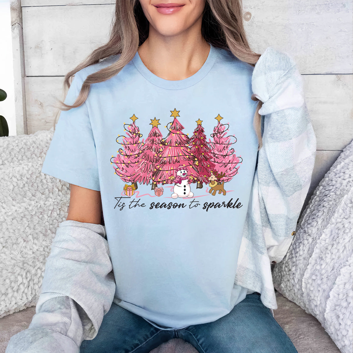 Teesdily | Pink Christmas Tree Snowman Christmas Shirt, Tis The Season To Sparkle Tee Sweatshirt Hoodie Mug, Christmas Gift