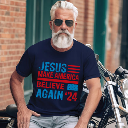 Teesdily | American Flag Jesus Shirt, Jesus Make America Believe Again '24 Tee Sweatshirt Hoodie Mug, Christian American Pride Gift, Patriotic T-shirt