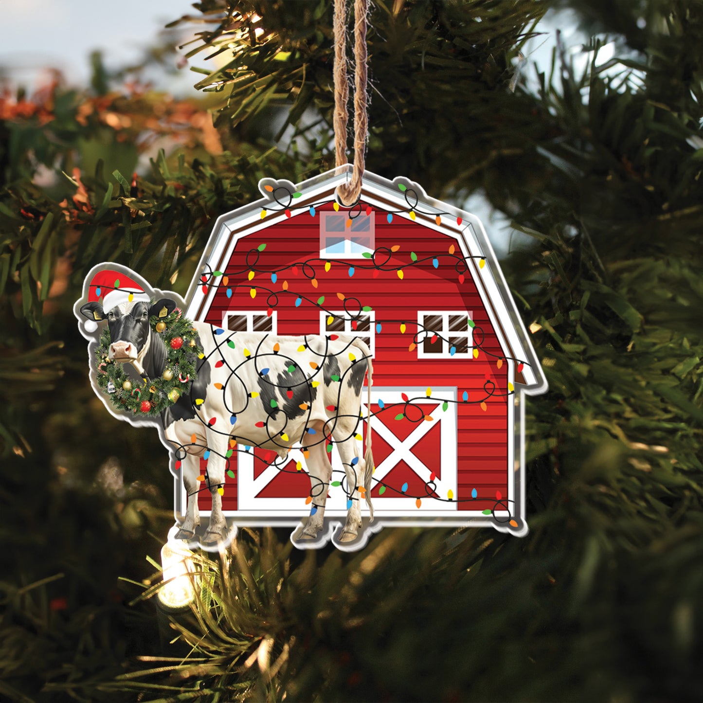 Teesdily | Cow Christmas Ornament, Red Barn Cow Hanging Ornaments, Cute Cow Christmas Tree Decor, Cow Lover Gift Idea Xmas Door Farmhouse Decor