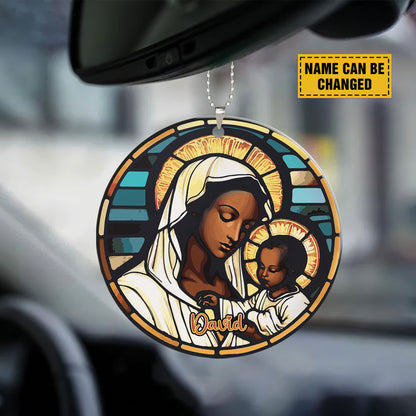 Teesdily | Customized Virgin Mary And Baby Jesus Acrylic Ornament, Merry Christmas Ceramic Car Hanging Ornament, Christmas Custom Gift