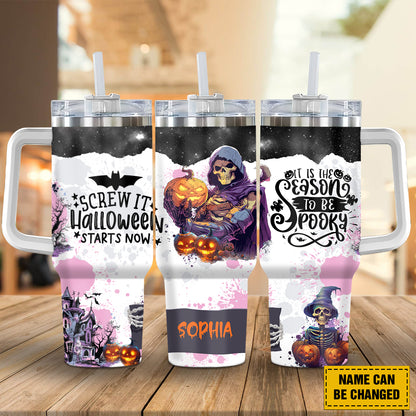 Teesdily | Custom Skeleton Pumpkin Tumbler 40oz, Tis The Season To Be Spooky Tumbler Mug, Halloween Starts Now Skeleton Cup Tumbler, Halloween Gift