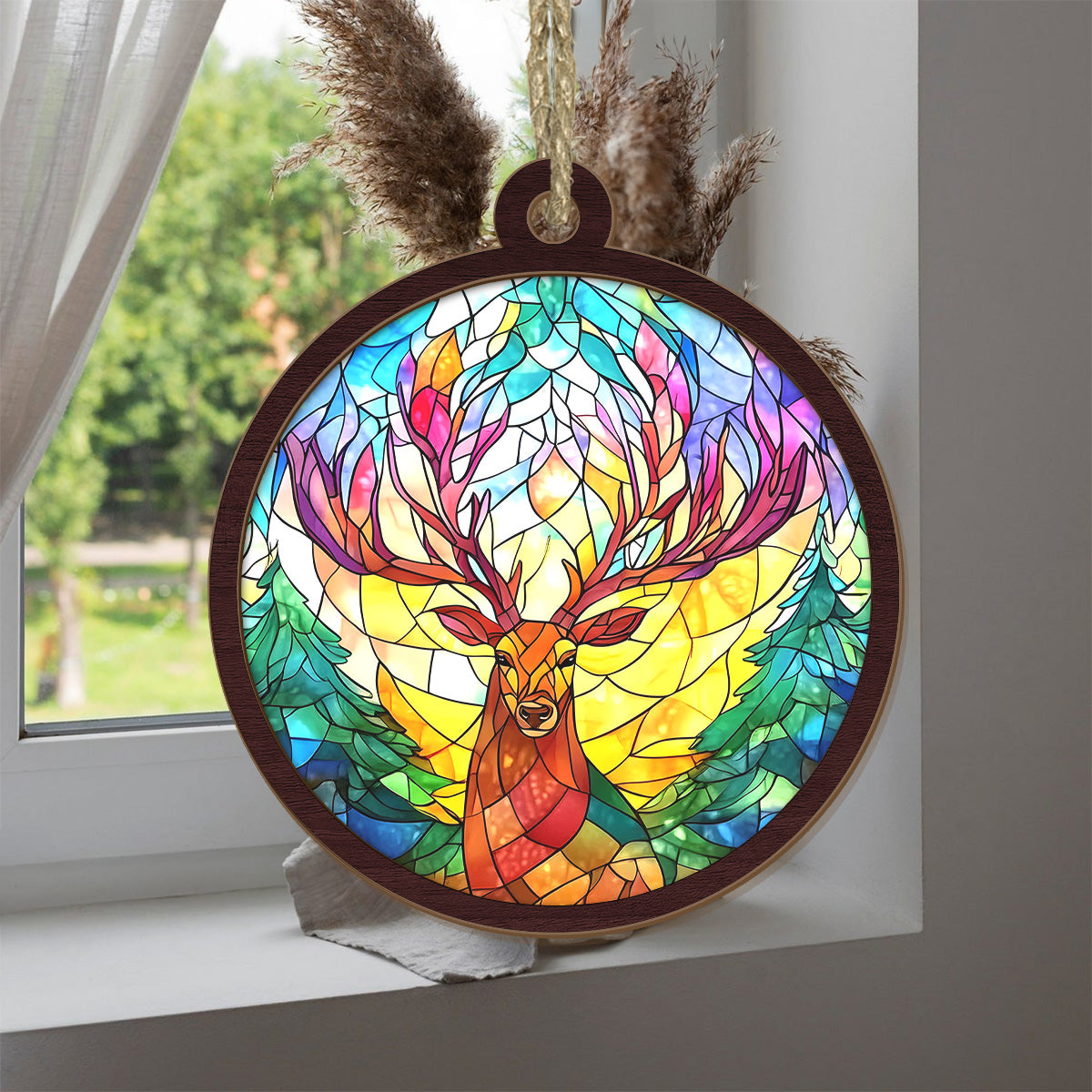 Teesdily | Deer Suncatcher, Deer Stained Glass Suncatcher, Elk Suncatcher Ornament, Deer Christmas 2024 Gift, Ornament Christmas, Deer Lover Gift