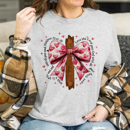 Teesdily | Jesus Cross Bow Shirt, Pink Bow Coquette Valentine Sweatshirt, Love The Lord Your God With All Your Heart Hoodie Mug