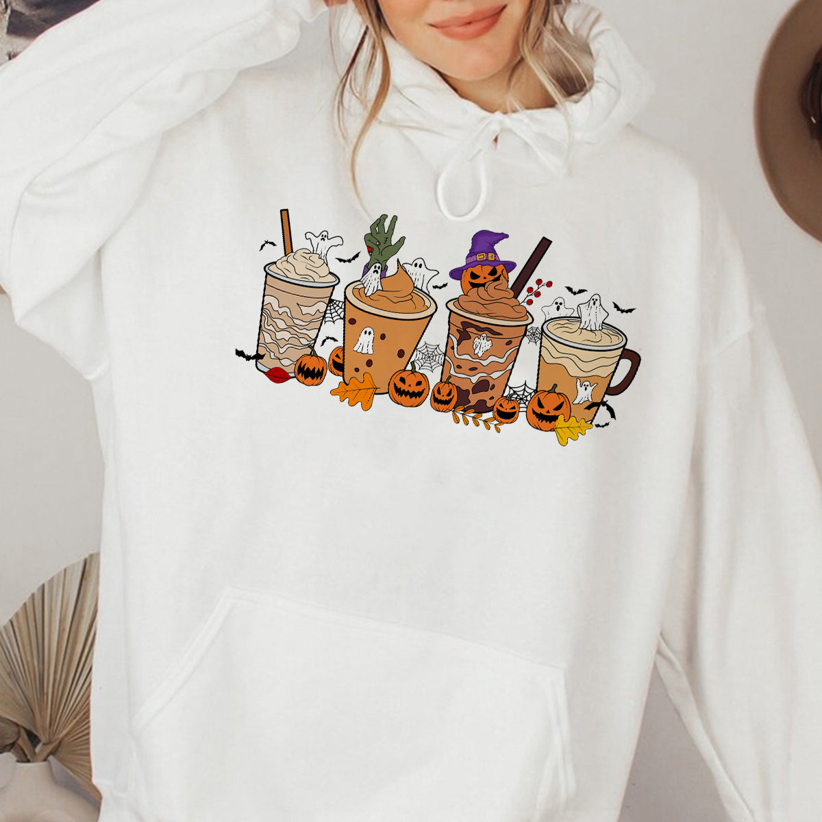 Teesdily | Halloween Coffee Pumpkin Fall Shirt, Retro Coffee Latte Pumpkin Ghost Shirt, Spooky Coffee Sweatshirt Hoodie Mug, Happy Halloween Gifts