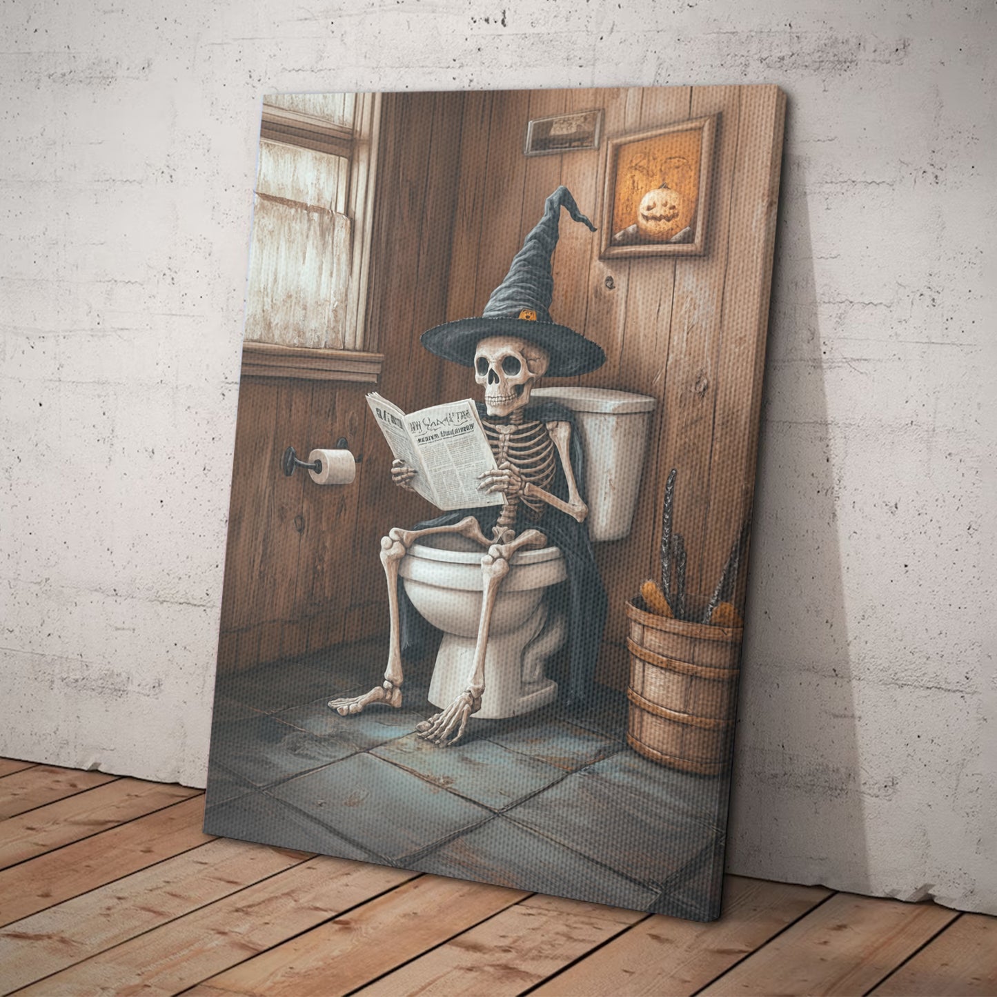 Teesdily | Skeleton On Toilet Art Poster, Halloween Skeleton In Bathroom Canvas, Gothic Skeleton Decor Wall, Funny Skeleton Poster