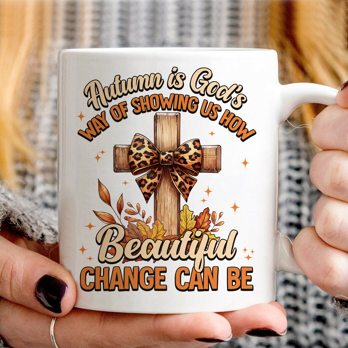 Teesdily | Jesus Cross Coquette Bow Thanksgiving Shirt, Autumn Is God's Way Tee Sweatshirt Hoodie Mug, Thanksgiving Jesus Gift