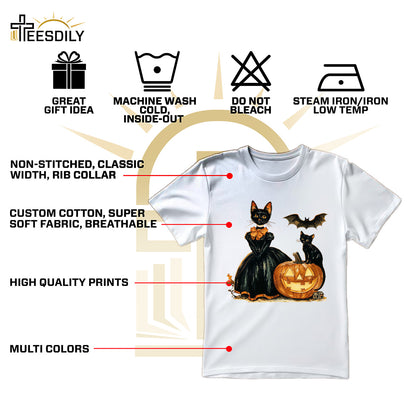 Teesdily | Cat Witch Halloween Shirt, Retro Halloween Pumpkin Sweatshirt, Black Cat Spooky Season Hoodie Mug, Cat Lover Gift