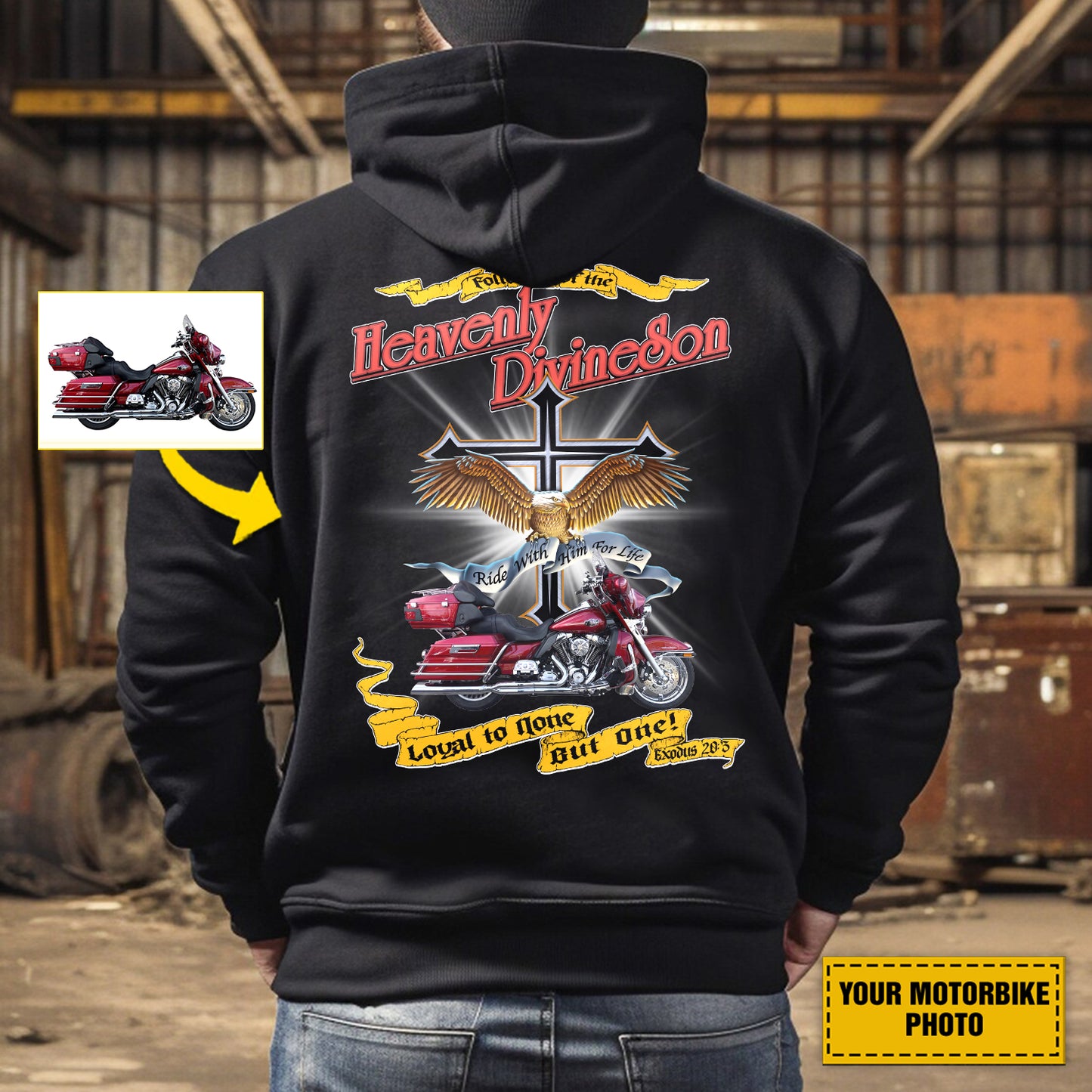 Teesdily | Customized Christian Biker Shirt, Follower Of The Heavenly Divineson Back Design Shirt Sweatshirt Hoodie Mug, Motorcycle Lovers Gifts