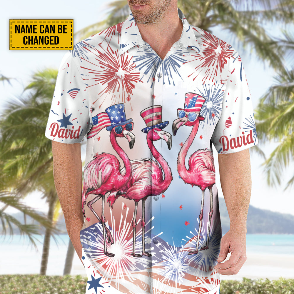 Teesdily | Custom Flamingo American Flag Hawaiian Shirt, Flamingo Beach Hawaii Set, Flamerica Patriotic Aloha Outfit, Independence 4th Of July Gifts