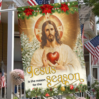 Teesdily | Jesus Christ Scared Heart Christmas Flag, Jesus Is The Reason For The Season House Flag, Xmas Tree Flag Decor Garden